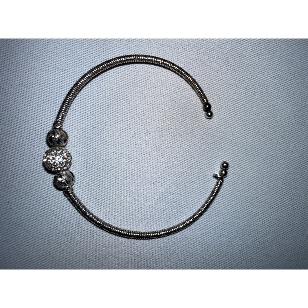 Sterling‎ Silver 925 Snake Chain Cuff Bracelet Crystal Pave Bead Accents